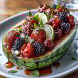 Vibrant watermelon carving board brimming with fresh berries and mint, perfect for summer gatherings and festive fruit platters.