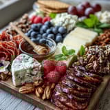 Elegant charcuterie board featuring cured meats, cheeses, fresh berries, and edible flowers for a stunning spring gathering display.  