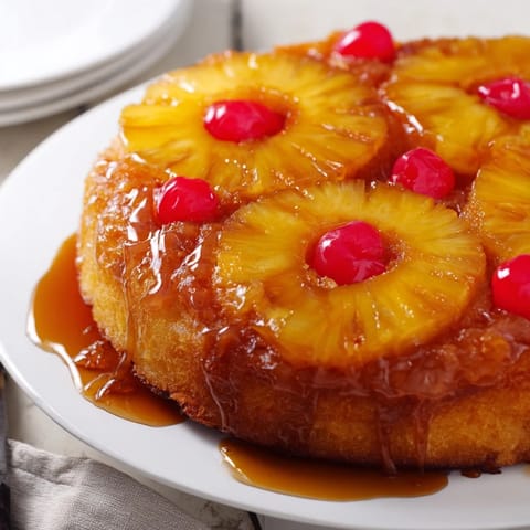 A warm slice of Pineapple Upside-Down Cake reveals caramelized pineapple rings and a soft, buttery crumb.