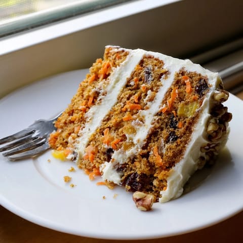 A slice of spiced Carrot Cake with cream cheese frosting and a toasted walnut garnish on a white plate.