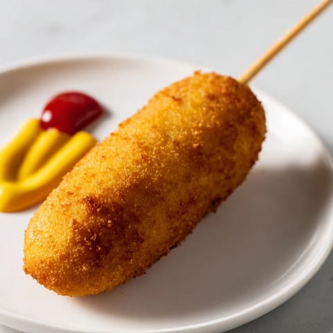 Homemade corn dogs with juicy hot dogs peeking from a crunchy cornmeal crust.