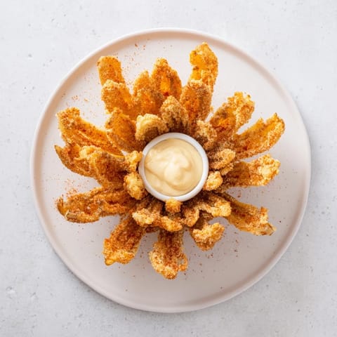 A close-up of the deep-fried onion blossom, showing its seasoned petals and zesty ranch-style dip on the side.