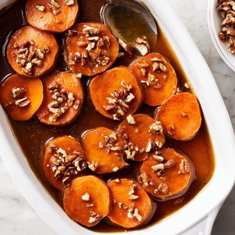 Sliced sweet potatoes coated in rich syrup, garnished with pecans for a classic Thanksgiving Candied Yams side.