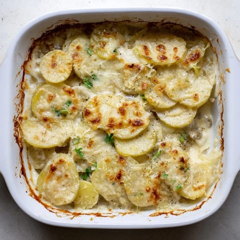 Au Gratin Potatoes served hot from the oven, paired with a green salad for a cozy vegetarian dinner.