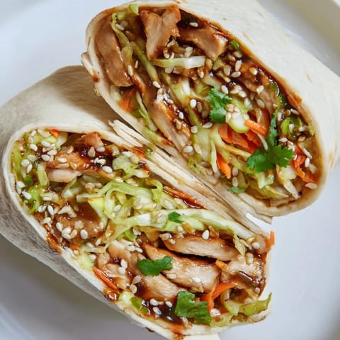 A close-up of a Teriyaki Chicken Wrap, its tortilla golden and packed with colorful vegetables, sesame seeds, and cilantro.  