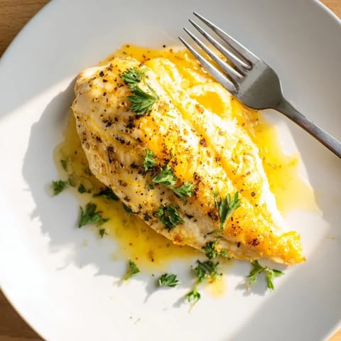 Pan-seared Lemon Pepper Chicken fresh from the skillet, showing a crispy coating drenched in zesty lemon-pepper butter sauce.