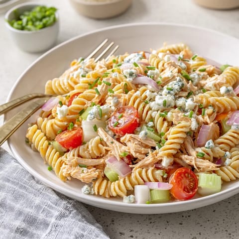 Creamy Buffalo Chicken Pasta Salad with crunchy celery and bell peppers, served chilled in a bowl.