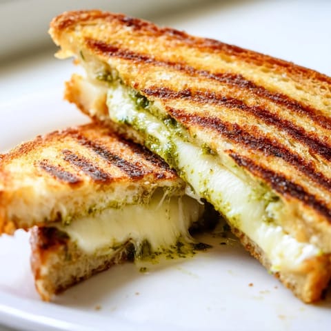 A close-up view shows crispy sourdough slices layered with bright basil pesto and three melty cheeses.