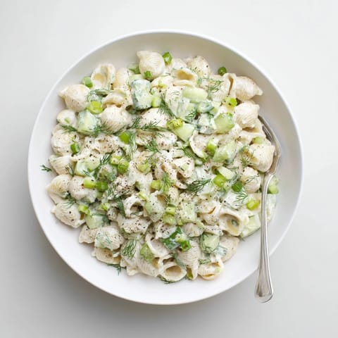 A close-up of creamy Cucumber Crunch Pasta Salad in a white bowl, showcasing tender shell pasta, diced cucumber, and a sprinkle of everything bagel seasoning.