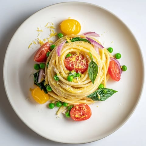 A close-up of Spring Veggie One-Pot Spaghetti, with al dente spaghetti tangled around sweet peas, spinach, and halved cherry tomatoes in a light broth.