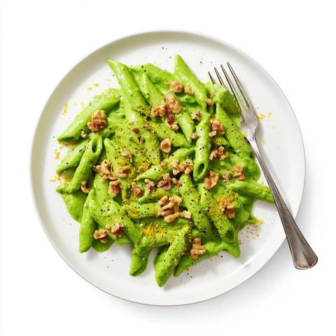 A close-up of Creamy Spinach Walnut Pasta in a white bowl, garnished with chopped walnuts and fresh spinach leaves.