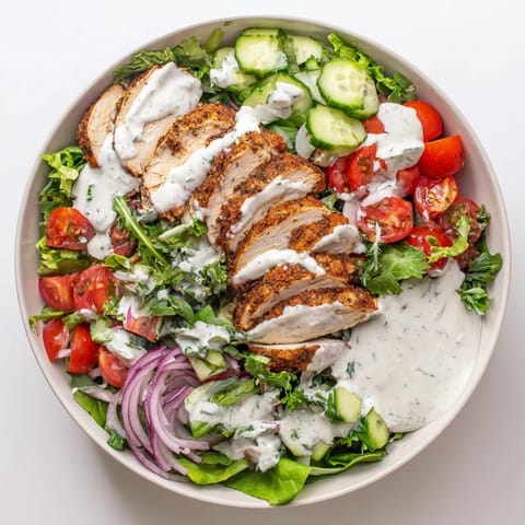 A hearty Chicken Shawarma Salad Bowl featuring golden, warm spiced chicken atop romaine and arugula, garnished with red onion and parsley, perfect for a healthy Mediterranean-inspired dinner.