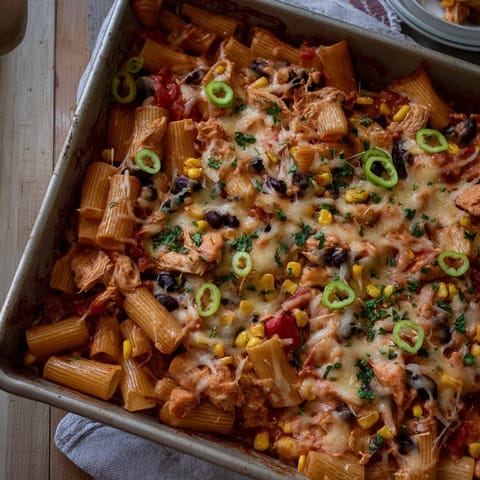 Steaming serving of Chicken Burrito Pasta Bake on a white plate, garnished with fresh cilantro and a lime wedge for a bright, zesty finish.
