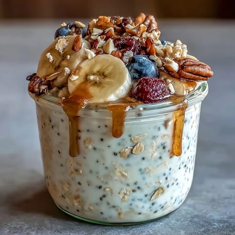 A vibrant bowl of overnight oats with chia, showcasing delightful spoonable texture and sweet fruit.