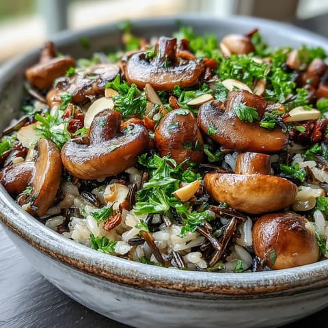 Hearty wild rice and mushroom pilaf, earthy and savory, served as a delicious American side.