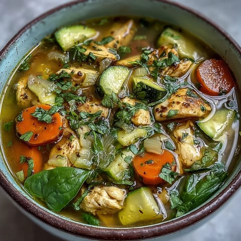 Bright golden Turmeric Chicken Soup in a white bowl, garnished with fresh cilantro and a lemon wedge, steaming gently.
