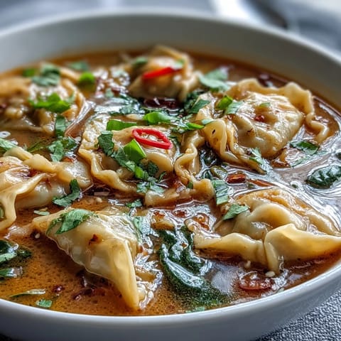 Fragrant red curry wonton soup with greens served steaming hot, featuring plump wontons, spinach, and crisp snow peas in a creamy coconut broth.