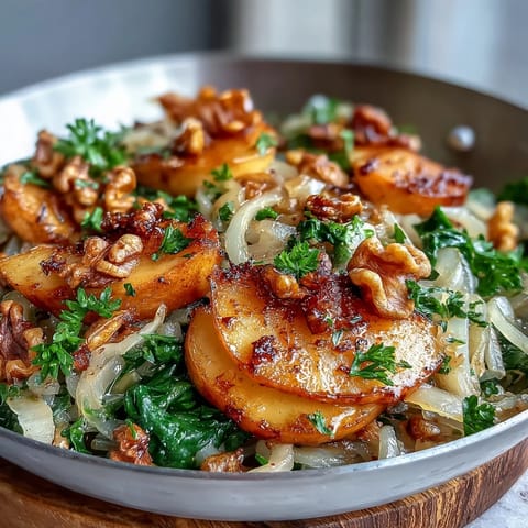 A close-up of warm Apple and Sauerkraut Salad with caramelized apples, wilted greens, and toasted walnuts on a rustic skillet.