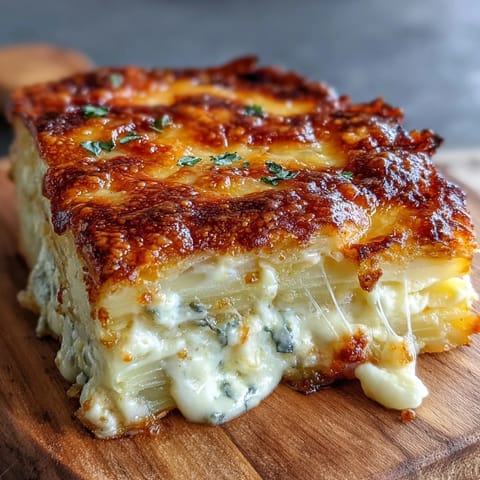 Golden, bubbling Cheese and Potato Pie reveals creamy potato layers, savory onions, and a rich Gruyère and cheddar crust. 