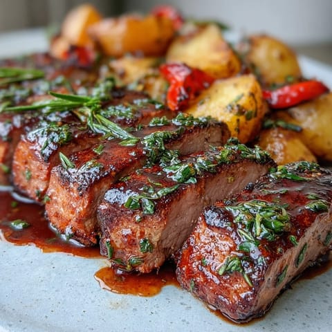 Juicy Marinated Ibérico Pork Fillet with roasted potatoes and caramelized red peppers, perfect for a Spanish-style dinner.