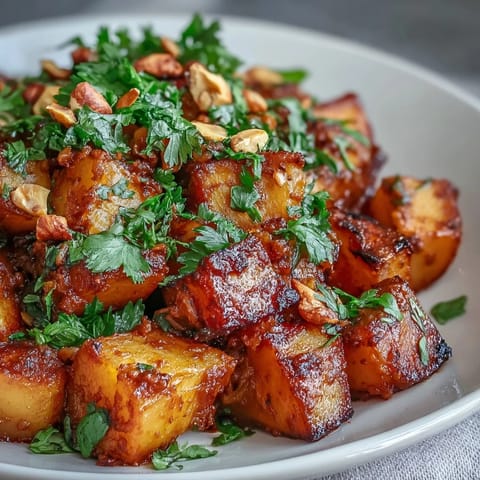 A close-up of Curried Celeriac with creamy curry sauce, topped with cilantro and chopped nuts, served alongside fluffy steamed rice for a hearty meal.