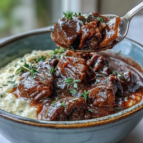 Creamy polenta topped with rich Venison Stew with Sloe Gin, featuring tender meat and aromatic herbs.