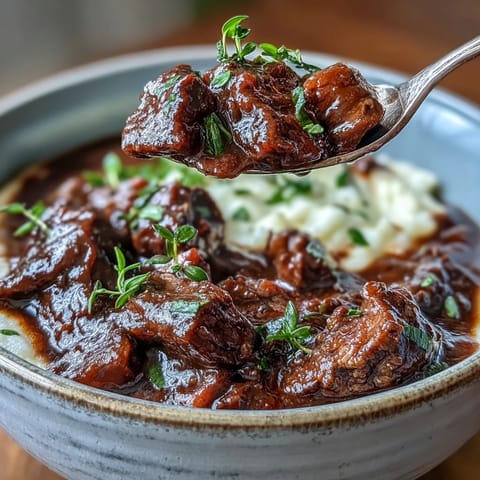 Golden brown venison cubes simmer in a dark sloe gin sauce, served steaming over soft polenta.