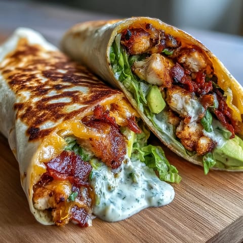 Crispy Chicken Bacon Wrap served with creamy avocado slices, diced tomato, and tangy mayo dipping sauce on the side.