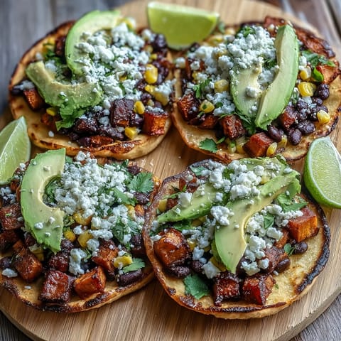 Sliced avocado and crumbled feta garnish these Black Bean and Sweet Potato Tostadas served on a plate.