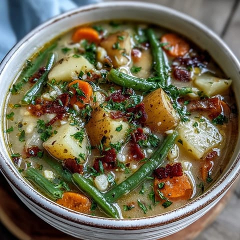 A warm bowl of Amish Snow Day Soup with creamy broth, tender potatoes, and fresh parsley garnish.