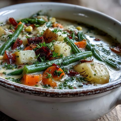 A pot of Amish Snow Day Soup simmering with colorful vegetables, thyme, and a splash of cream.