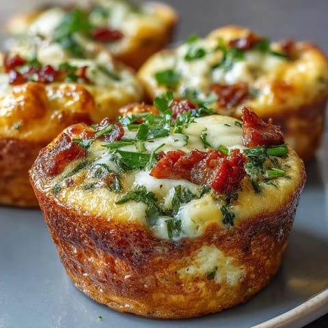 Golden-brown Breakfast Egg Muffins with melted cheddar, bacon, and bell peppers, perfect for a grab-and-go morning meal.
