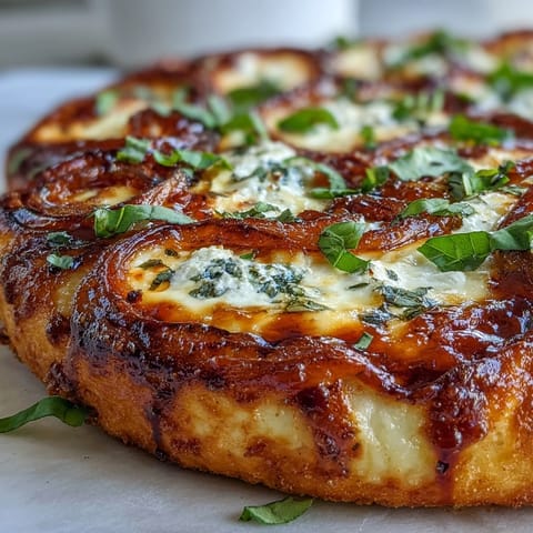 Golden-brown Hot Honey Ricotta Pizza with bubbly mozzarella, creamy ricotta, and fresh basil garnish.