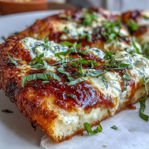A slice of Hot Honey Ricotta Pizza drizzled with spicy honey, resting on a rustic cutting board.