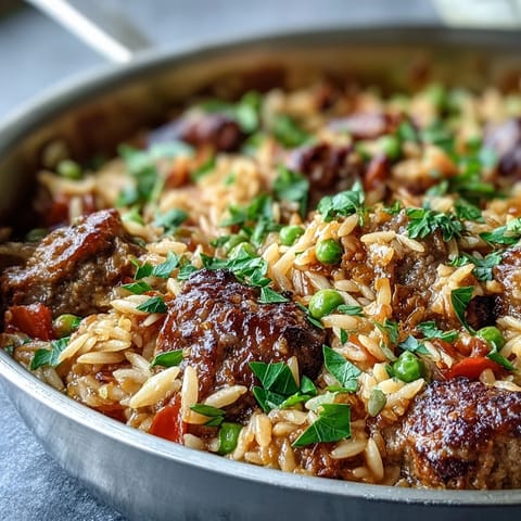 A close-up of Comforting Ground Beef Orzo Dinner in a skillet, topped with melted Parmesan and fresh parsley.