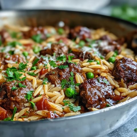 Freshly cooked Comforting Ground Beef Orzo Dinner served in a bowl, featuring tender pasta, sweet bell peppers, and peas.