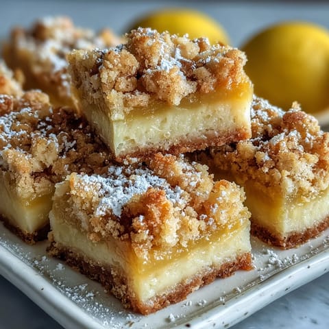 Freshly baked Homemade Lemon Crumb Bars with a bright yellow citrus layer and golden crumb topping, served on a rustic wooden board.