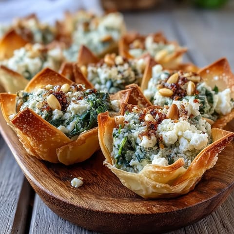 Golden Mediterranean Spinach and Feta Cheese Crisps bake in a mini muffin tin, featuring crispy wonton edges and creamy, herb-filled centers.