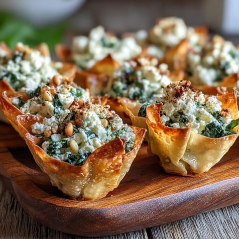 Mediterranean Spinach and Feta Cheese Crisps are plated on a white dish, garnished with sesame seeds and a light dusting of paprika.