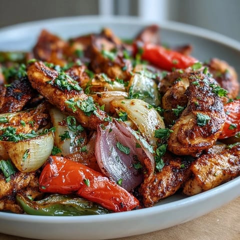 Golden roasted chicken and vibrant peppers for Sheet Pan Fajita Bowl served over fluffy rice.