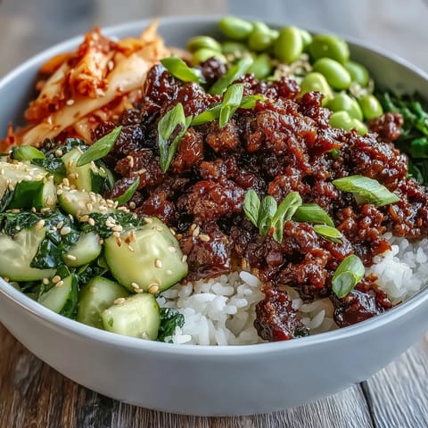 Steaming Korean Ground Beef Bowl topped with fresh green onions and sesame seeds over white rice.
