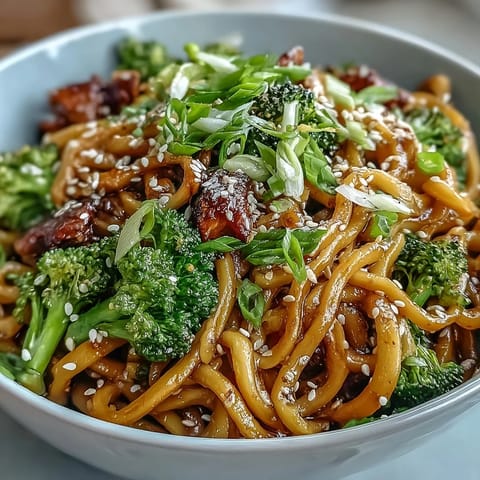 Vibrant Asian Teriyaki Noodle Bowl with tender egg noodles, crisp steamed broccoli, and carrots tossed in a glossy sauce.