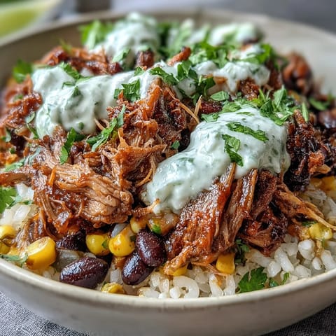 Carnitas Burrito Bowl with tender pork, fluffy rice, black beans, and crisp lettuce.