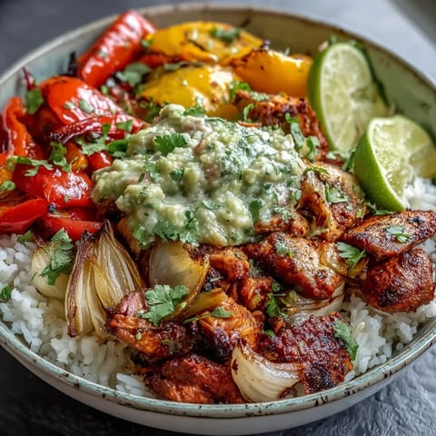 Sheet Pan Chicken Tinga Bowl with smoky chipotle chicken and roasted peppers on fluffy rice.