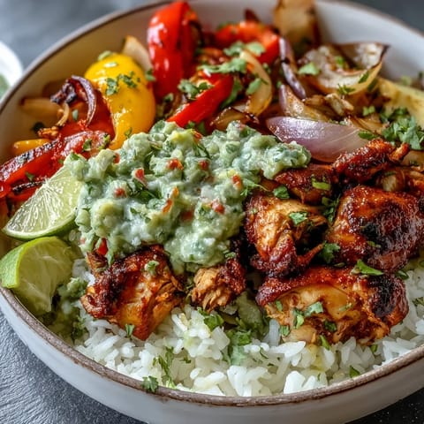 Golden-baked chicken tinga and veggies topped with chunky avocado salsa in a serving bowl.