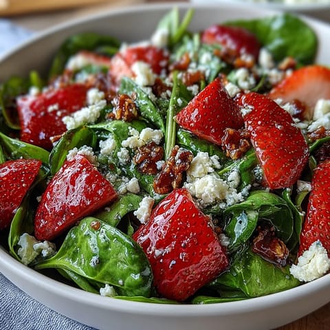 Fresh strawberry spinach salad with poppyseed dressing, featuring juicy berries, crisp greens, and creamy feta in a vibrant bowl.