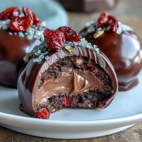 Decadent Dubai-style strawberry truffles coated in glossy dark chocolate, dusted with crushed pistachios for a luxurious bite