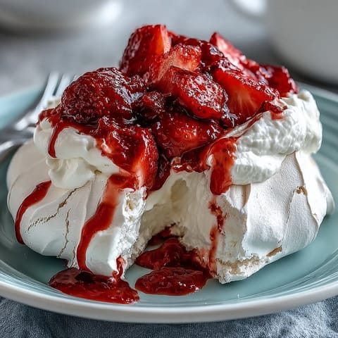 Strawberry pavlova with whipped cream, fresh berries, and mint on a white plate, perfect for elegant gatherings.