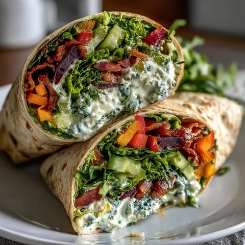 Vibrant rainbow veggie wraps filled with crisp bell peppers, carrots, and cucumber, rolled in whole wheat tortillas for a healthy lunch.