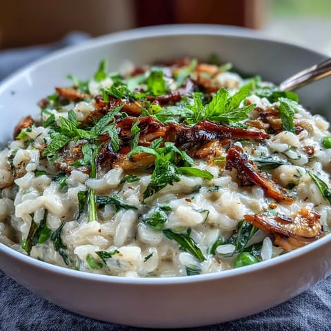 Spring Dinner Party Pea and Mint Risotto with Parmesan in a white bowl, garnished with fresh mint and lemon zest.